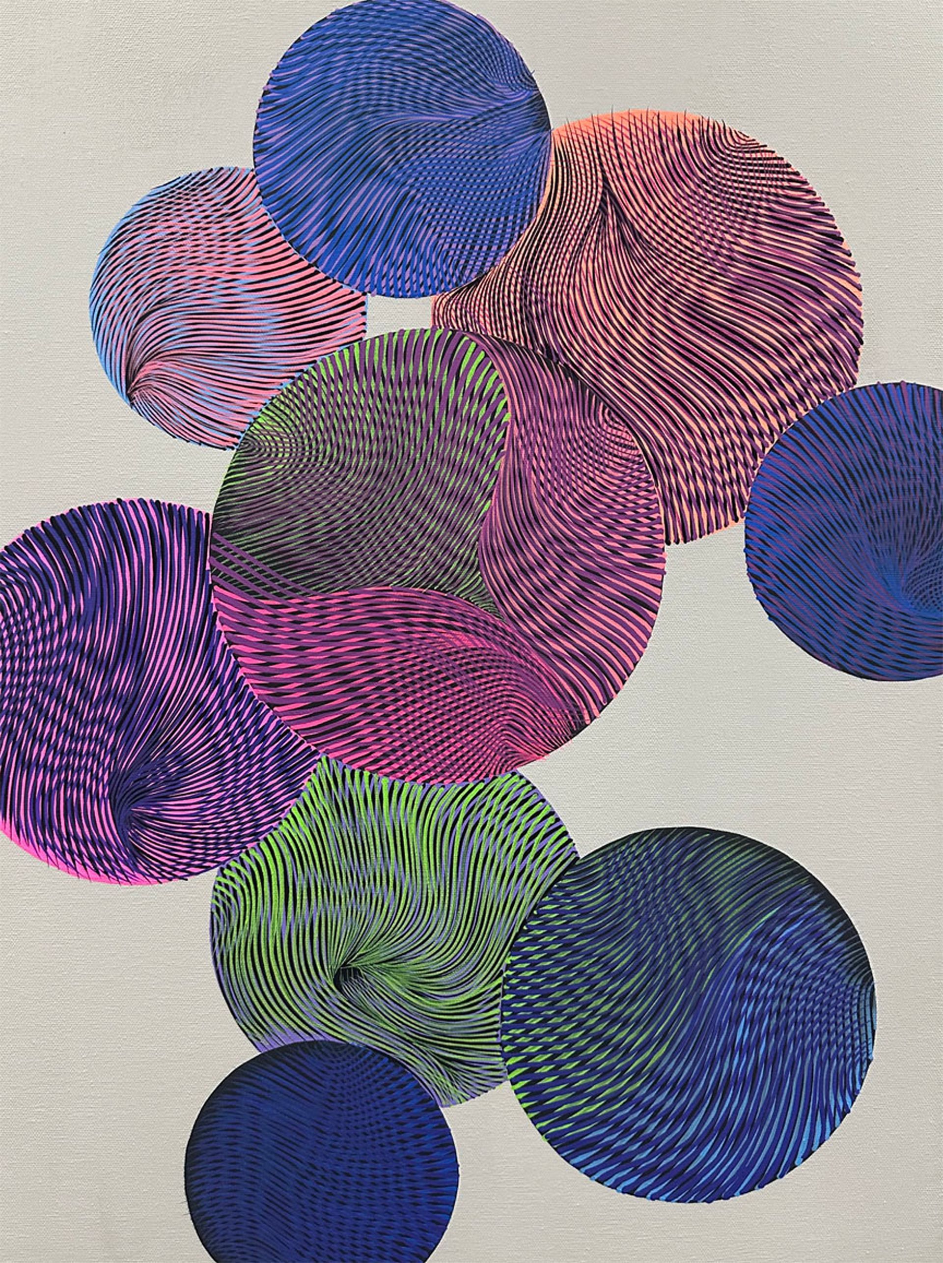 Overlapping circles in shades of blue, purple, pink, green, and orange against a light gray background with textured appearance.