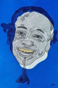 A close up of a painting of a man 's face on a blue background.