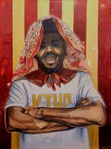 A painting of a man with his arms crossed and a scarf around his head.