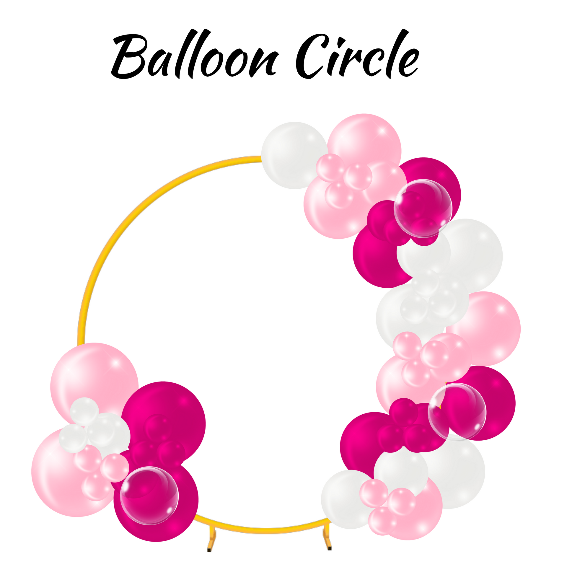 Gold circle frame with pink, white, and magenta balloon garland.