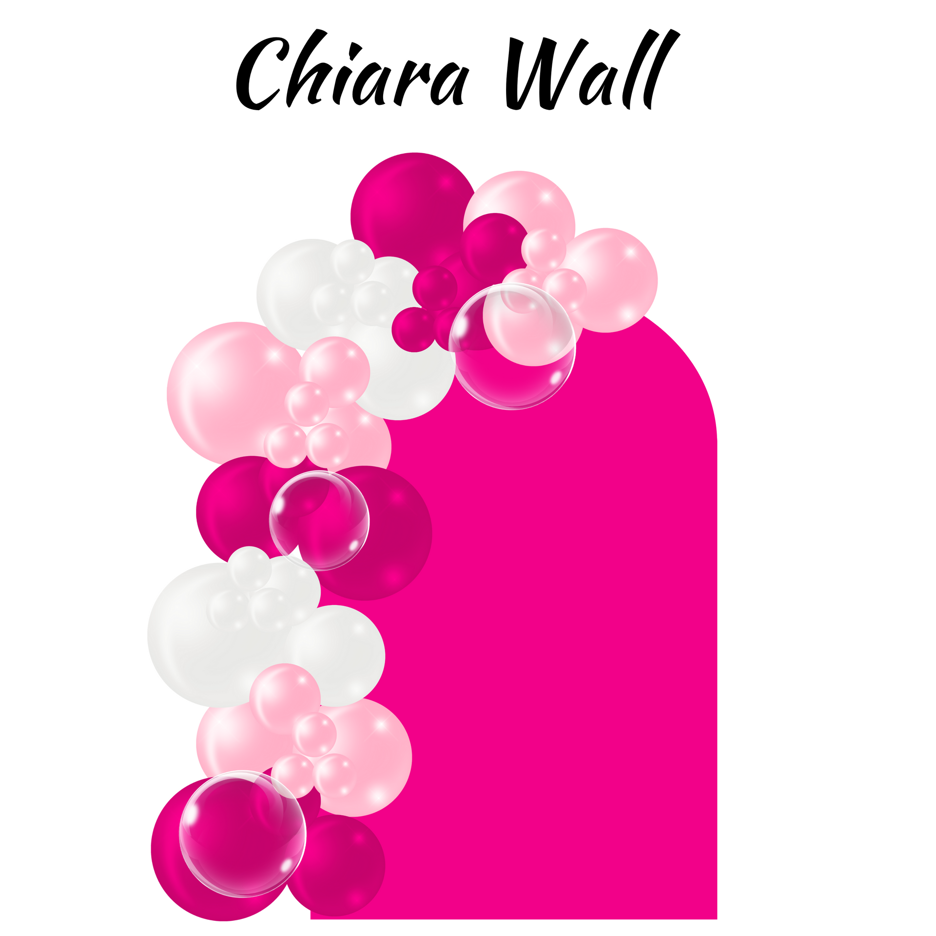 Chiara Wall party backdrop with pink, white, and magenta balloons.
