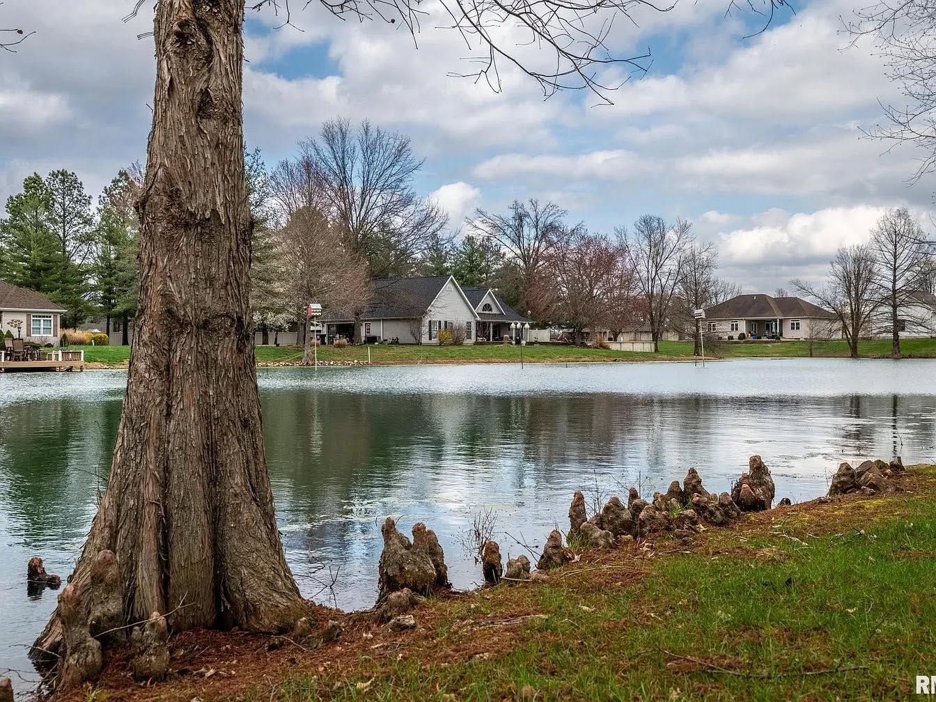 Tree-lined lakeside park with calm water, grassy shore, and houses across the lake under a cloudy sky