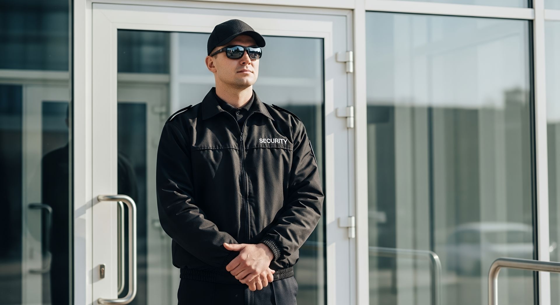 A security guard in black uniform and sunglasses standing at the entrance of a modern glass building