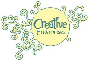 The logo for creative enterprises is a yellow circle with swirls around it.