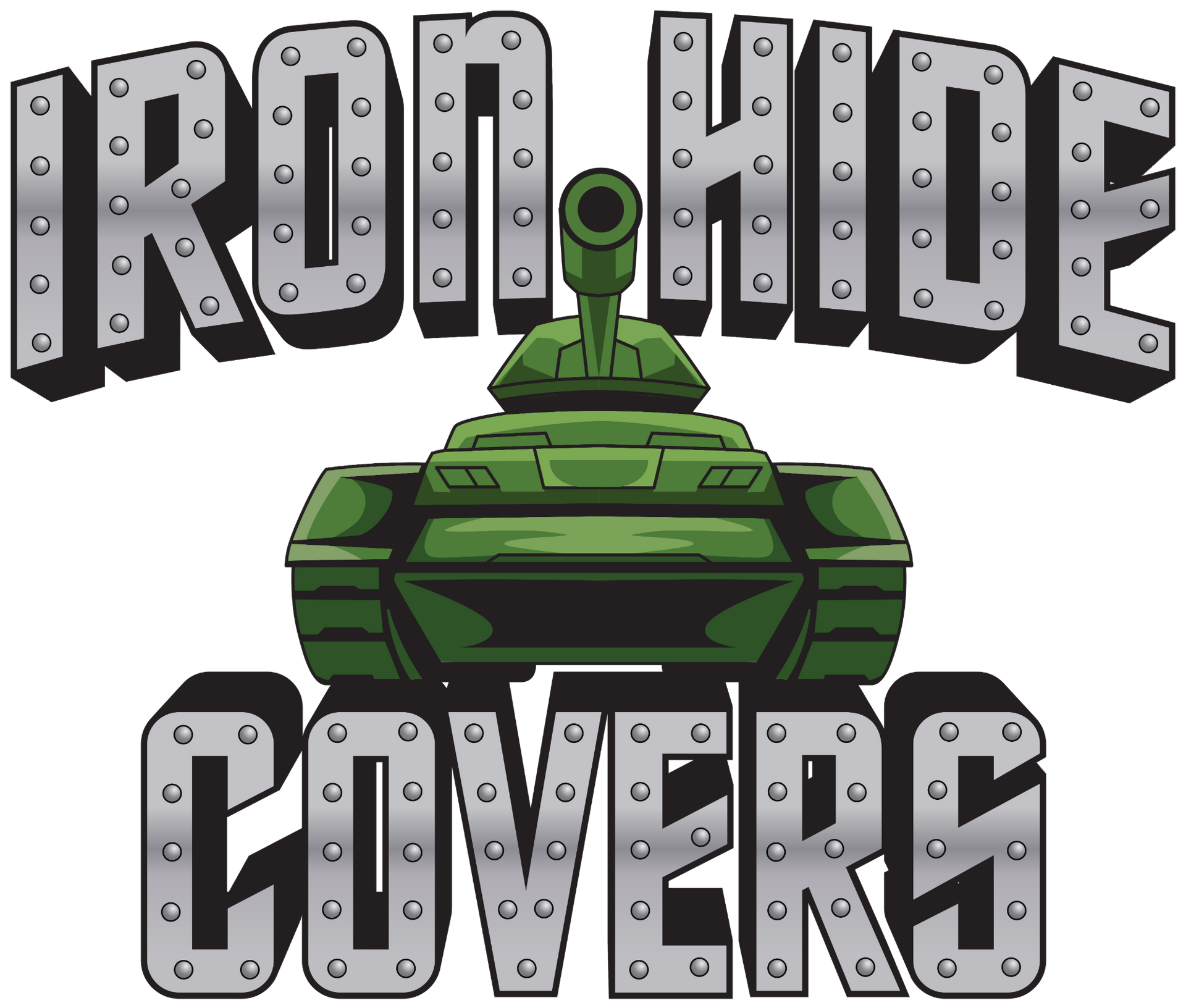 Iron Hide Covers text above and below a green cartoon tank graphic