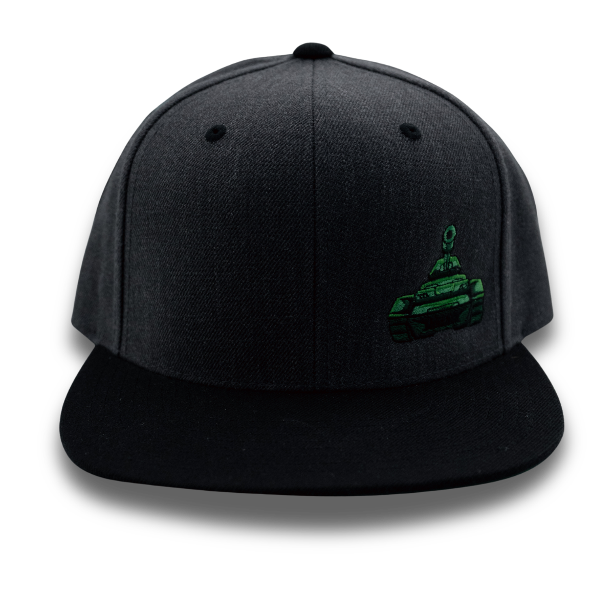 Black baseball cap with a green embroidered logo on the front.