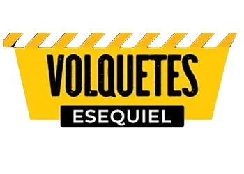 Logotipo de Volquetes Esequiel en amarillo, negro y blanco con borde superior a rayas.