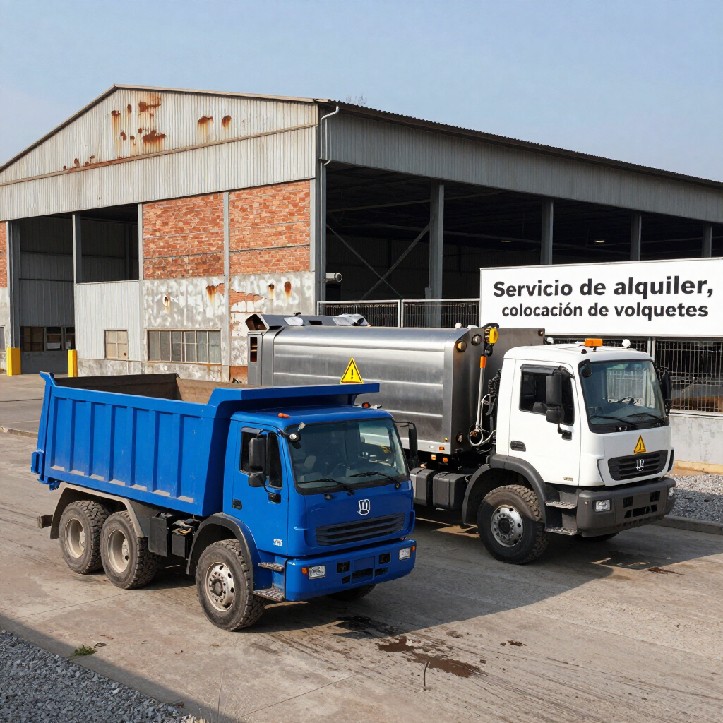 Un camión volquete azul y un camión de servicio blanco estacionados frente a un almacén con un letrero de alquiler en español.