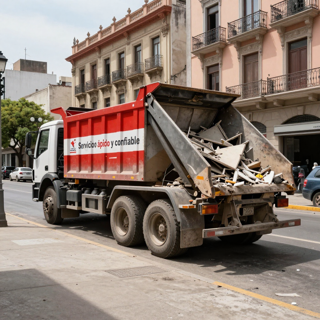 Camión de basura rojo en una calle de la ciudad, con la pala trasera llena de escombros, pasando junto a edificios históricos.
