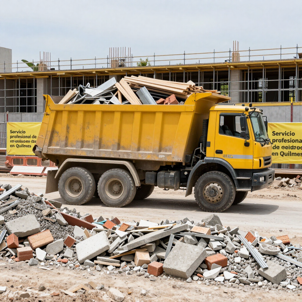 Un camión volquete amarillo transporta escombros de construcción en una obra de demolición, con escombros y un edificio en construcción en las cercanías.