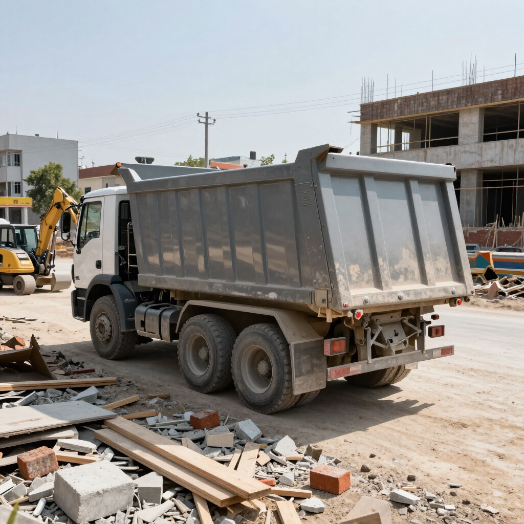 Camión volquete en una obra en construcción junto a una estructura de hormigón parcialmente construida, con escombros en primer plano.
