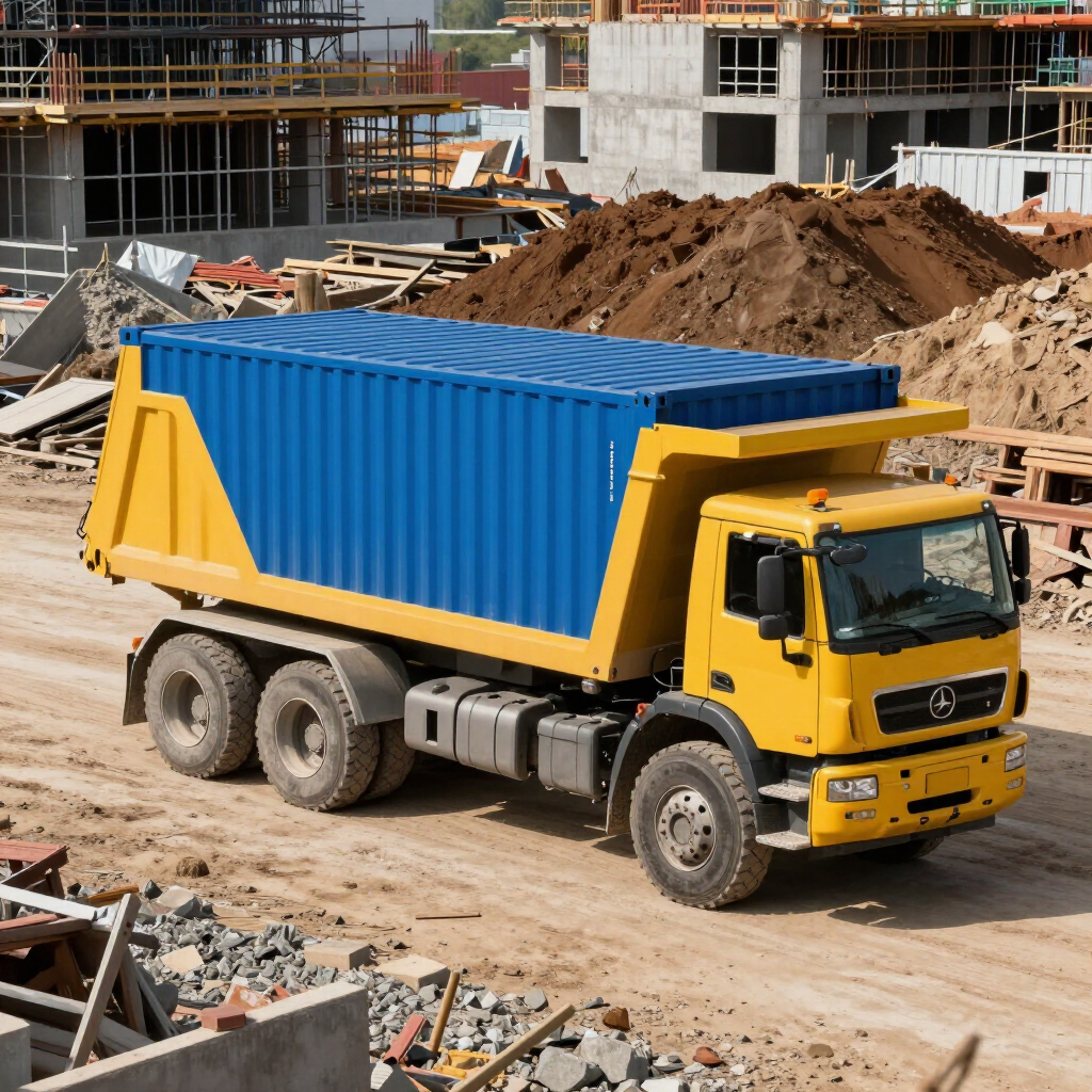 Un camión volquete amarillo con un contenedor azul circula por una obra en construcción llena de montones de tierra y escombros.