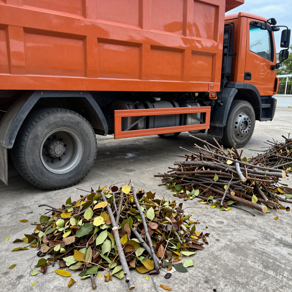 Un camión volquete naranja estacionado junto a montones de ramas cortadas y hojas sobre una superficie de hormigón.