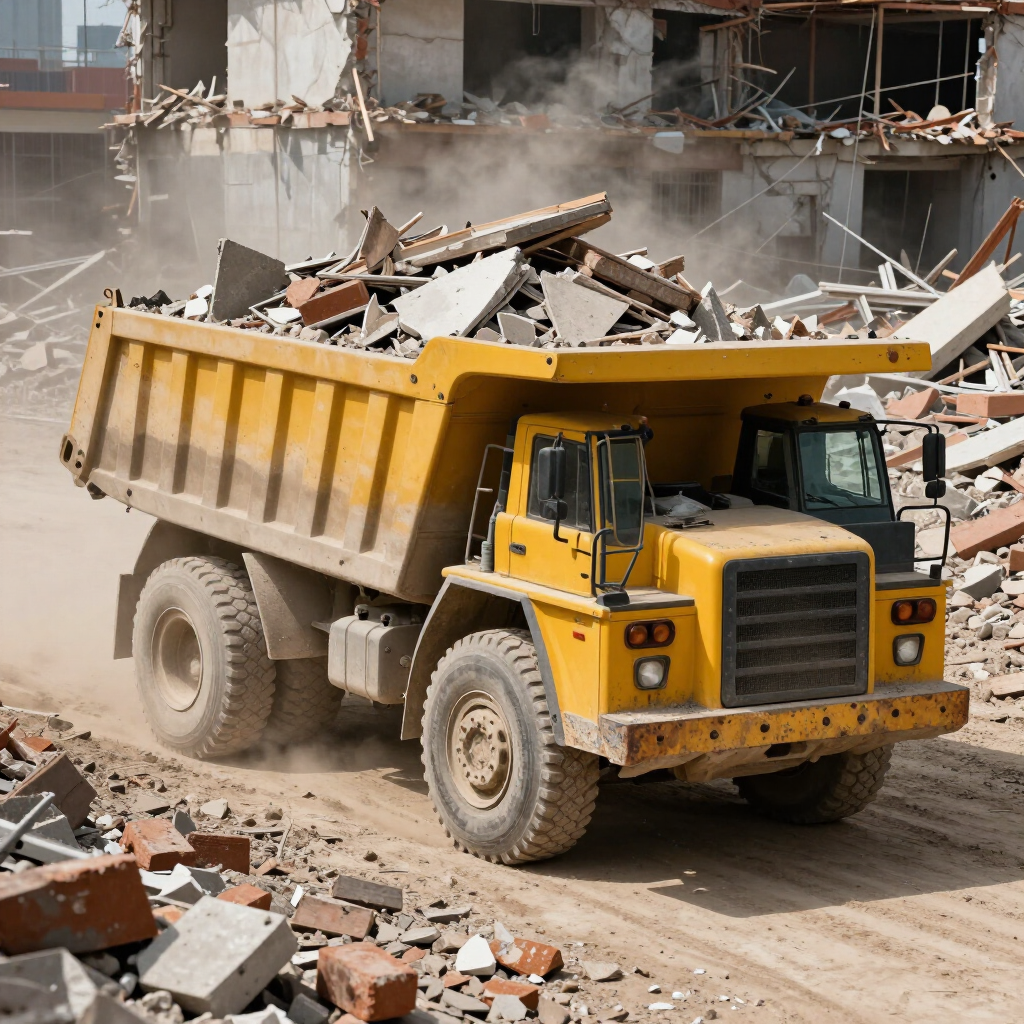 Camión volquete amarillo transportando escombros en una obra de demolición.