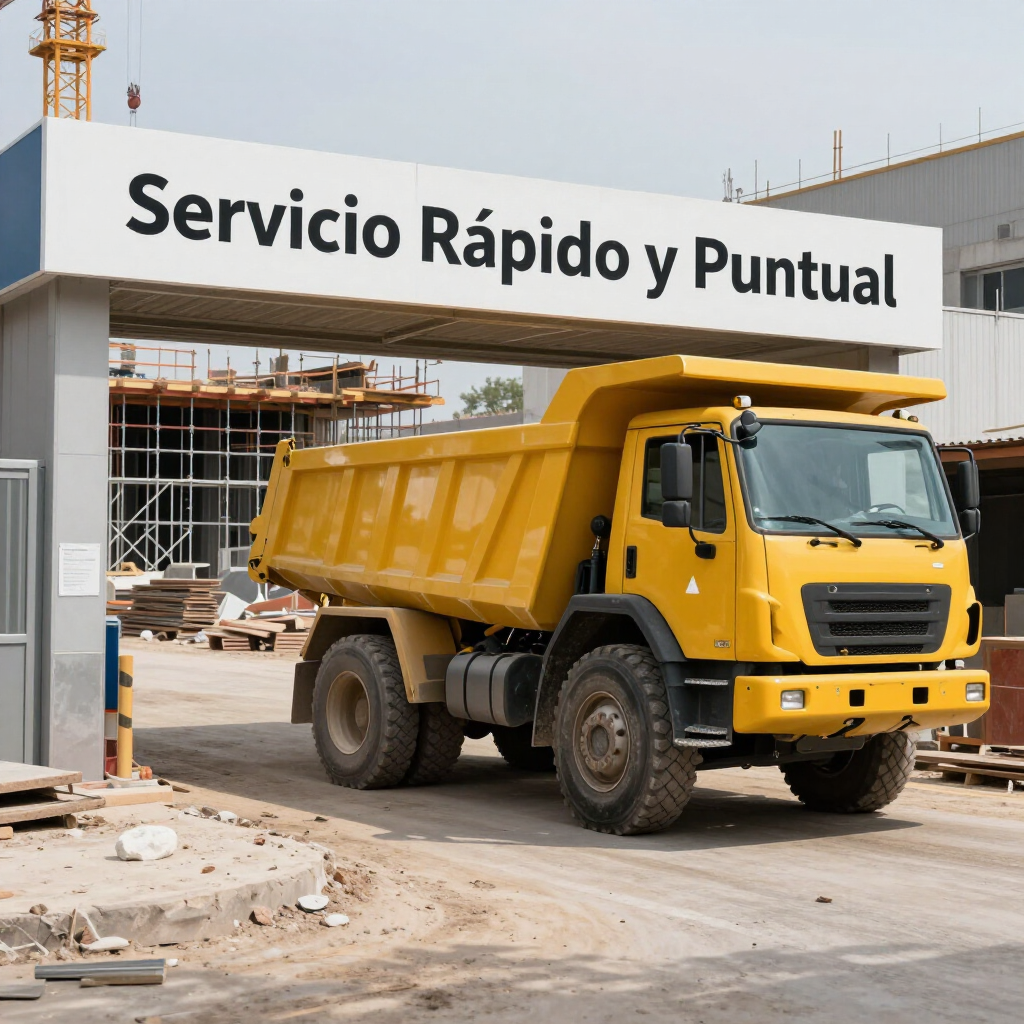 Yellow dump truck at a construction site beneath a sign reading