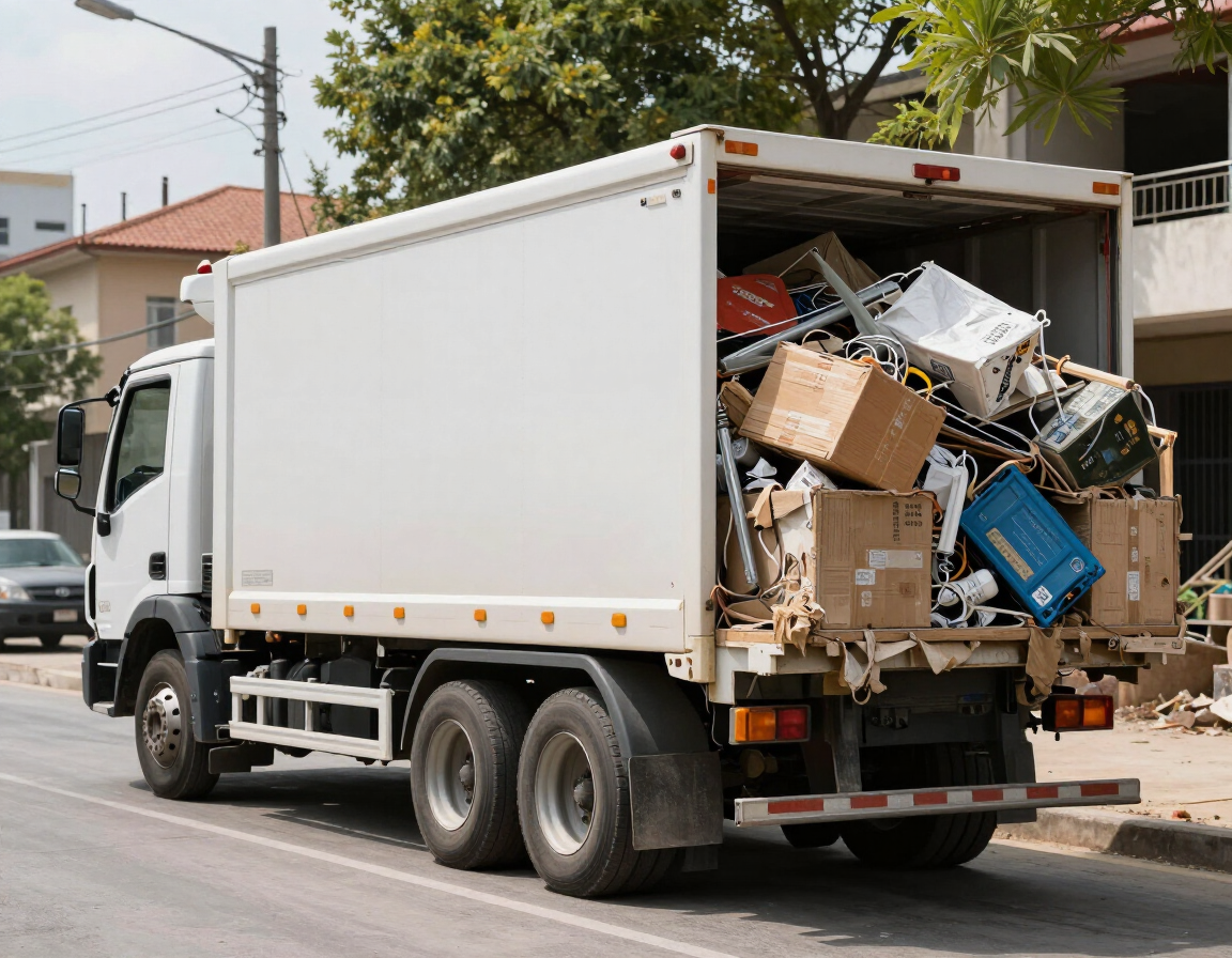 Un camión de basura rebosante de cartón y desperdicios circula por una calle residencial.