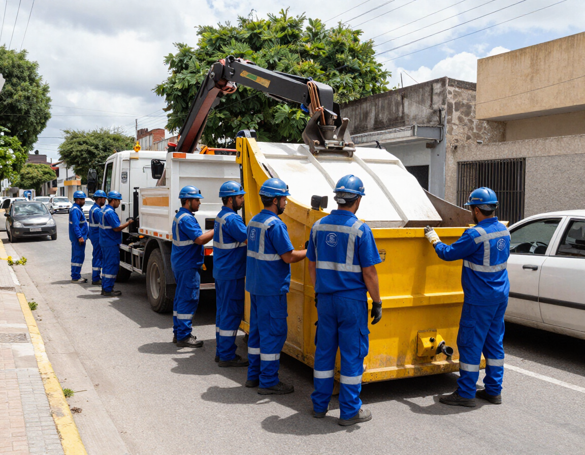 Trabajadores con uniformes azules descargan un contenedor de basura amarillo de un camión en una calle de la ciudad.