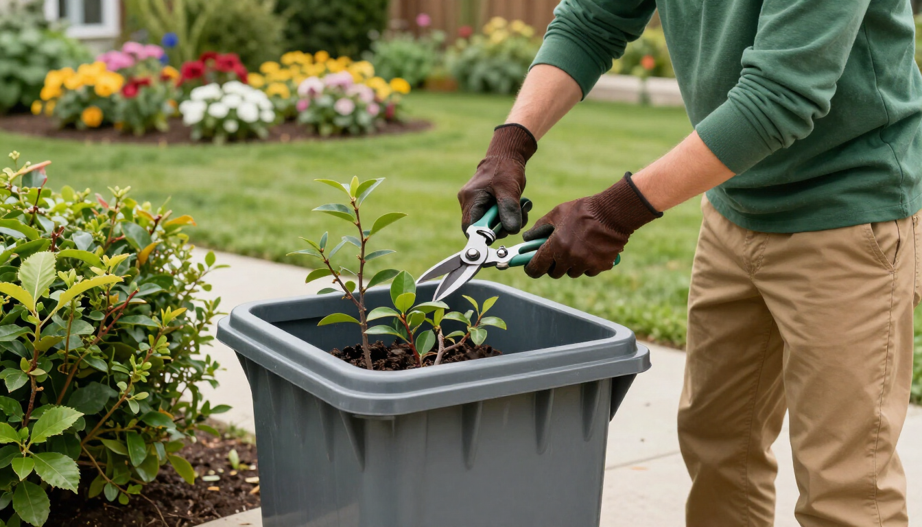 Persona podando una planta en maceta en un jardín con tijeras de poda.