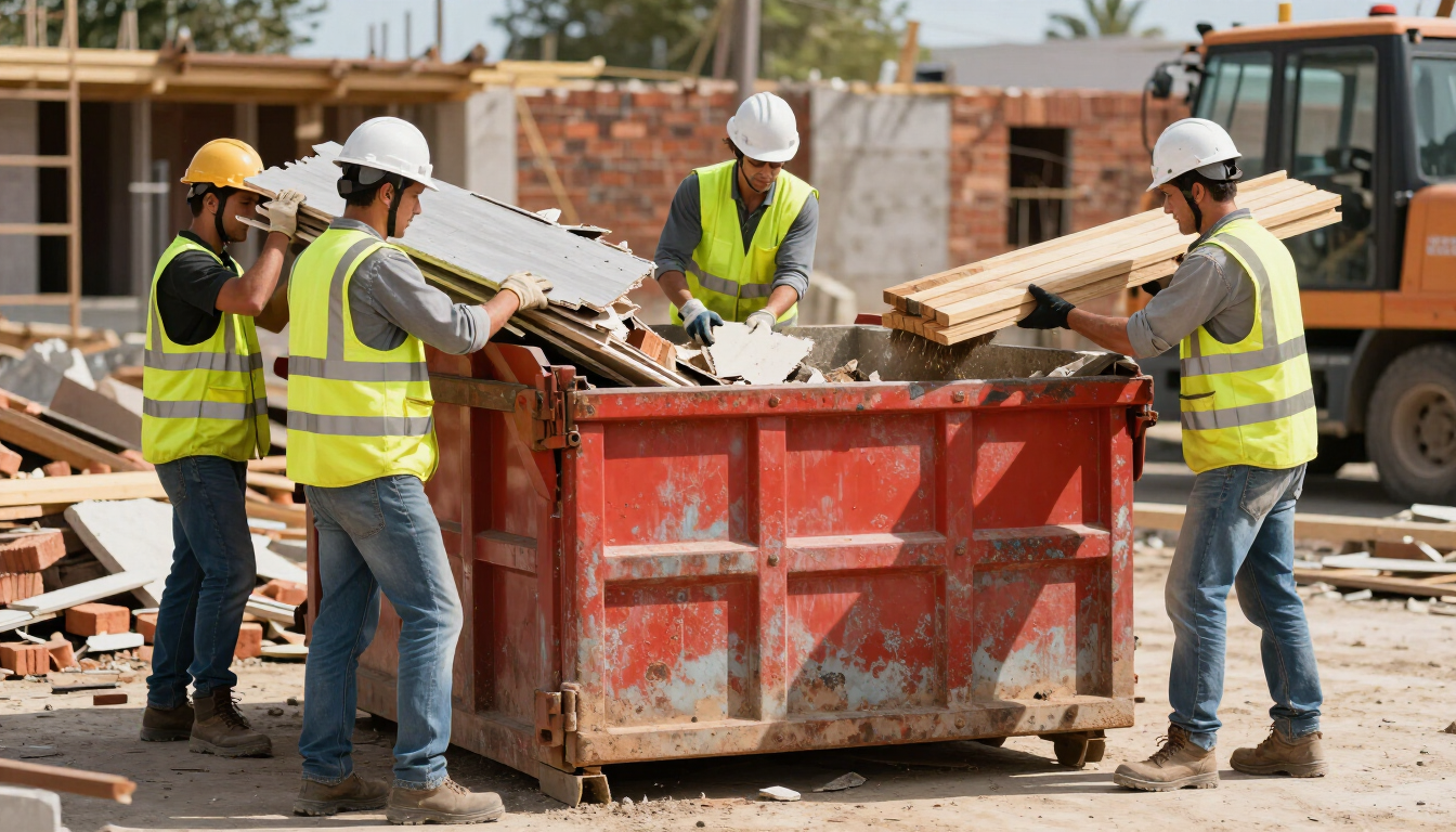 Obreros de la construcción con chalecos de seguridad y cascos cargando escombros en un contenedor rojo en una obra.
