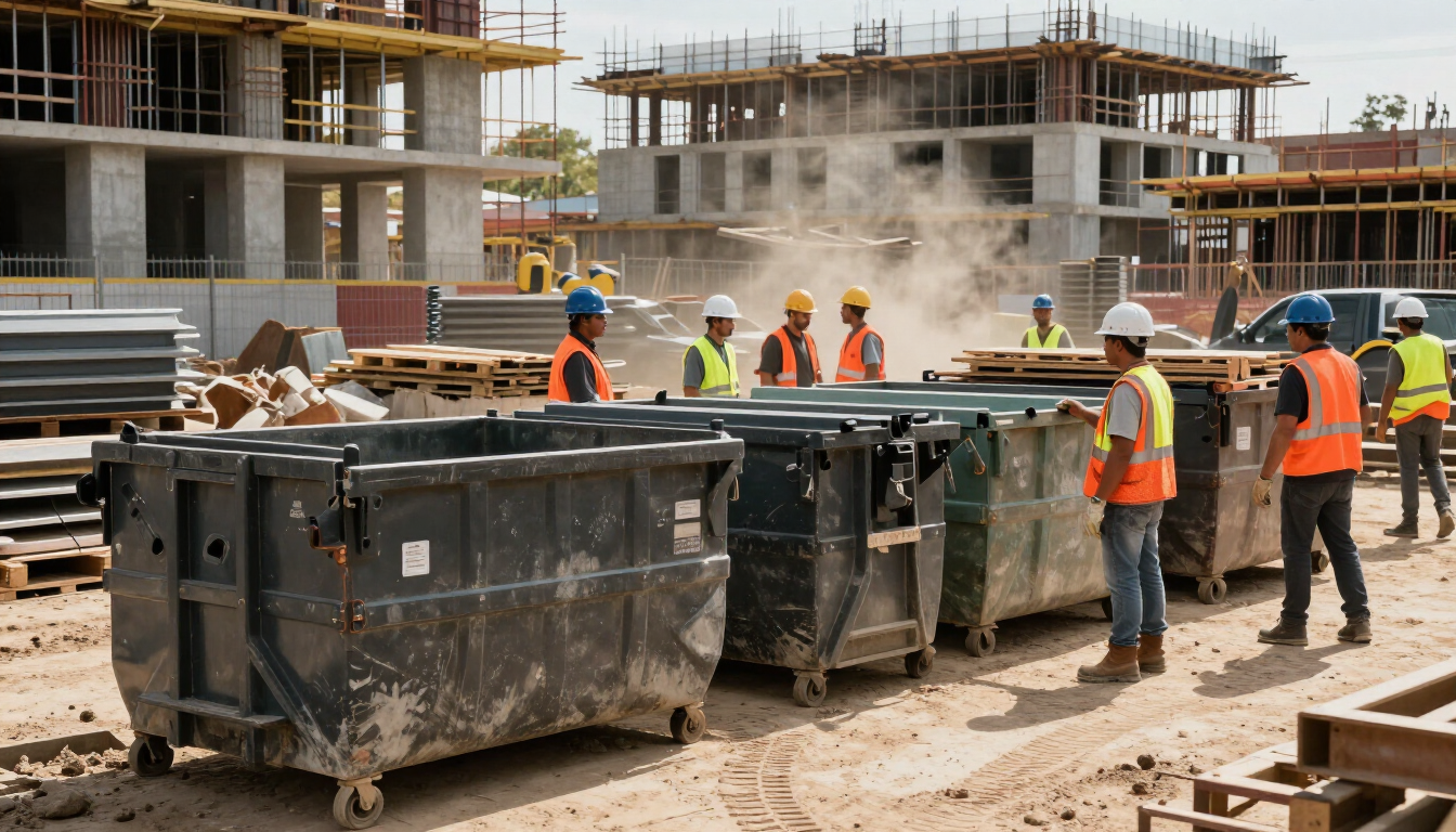 Obreros de la construcción con chalecos naranjas y cascos junto a contenedores de basura en una polvorienta obra.