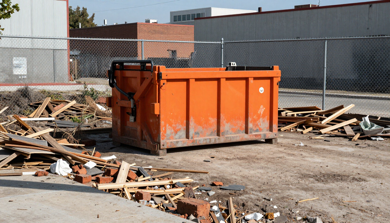 Un contenedor de basura naranja en un solar industrial lleno de escombros, con montones de restos de madera y una valla de tela metálica.