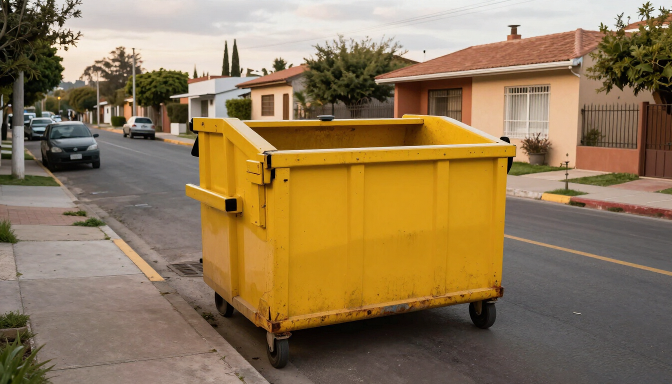 Contenedor de basura amarillo en una calle suburbana junto a una acera y coches aparcados.