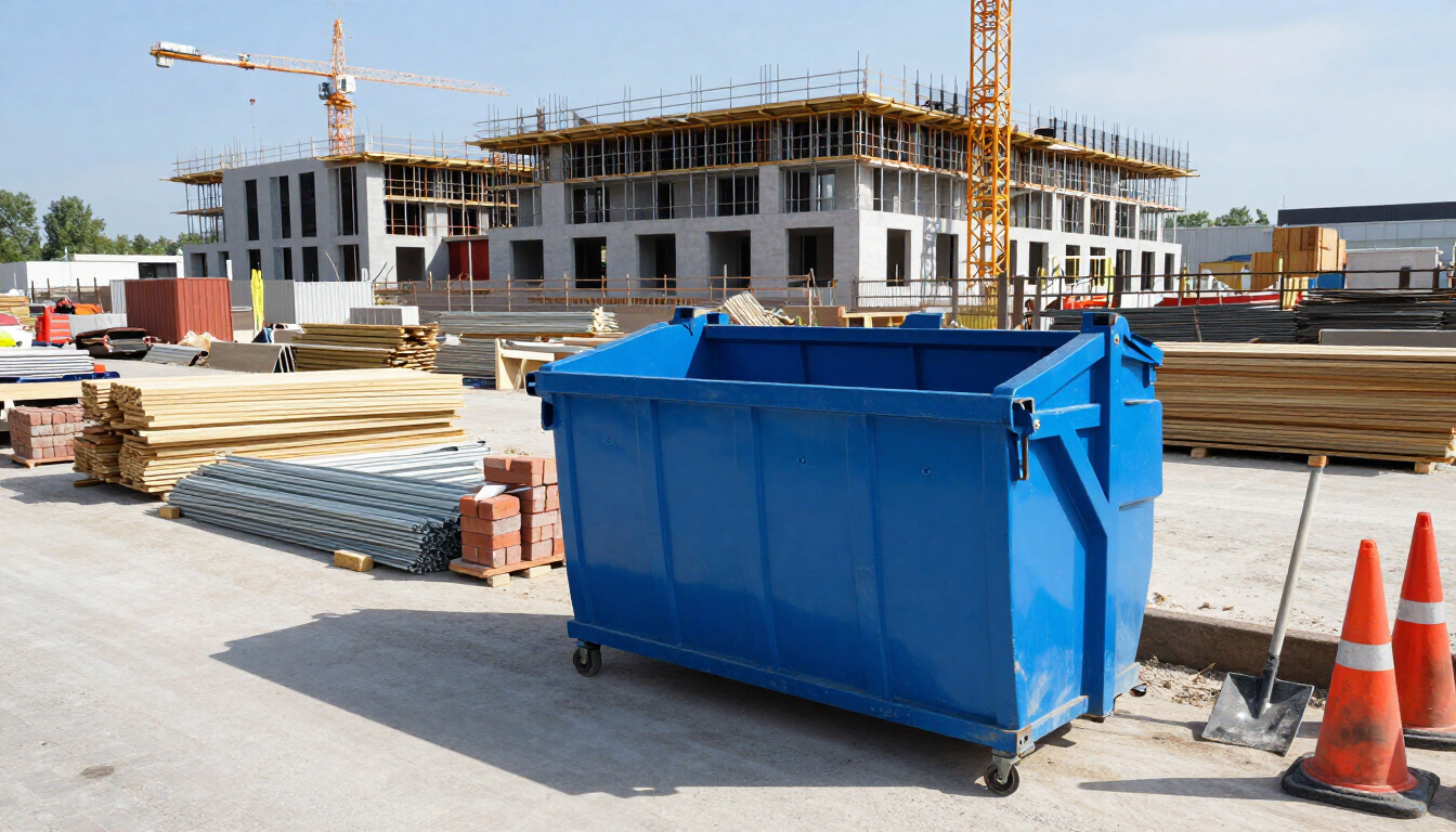 Obra en construcción con un contenedor de basura azul, una estructura de hormigón, grúas, madera y conos de tráfico naranjas.