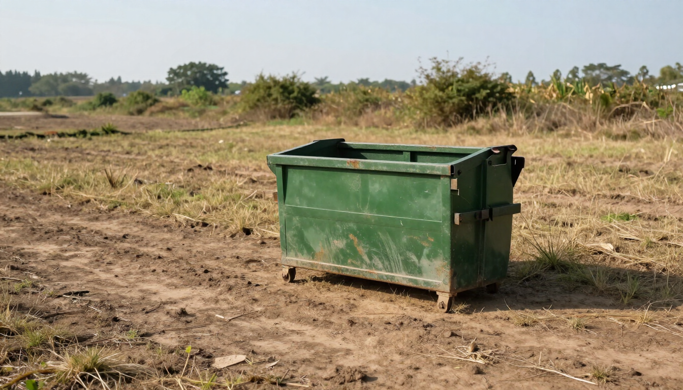 Contenedor de basura verde en un terreno baldío en un campo rural bajo un cielo despejado.