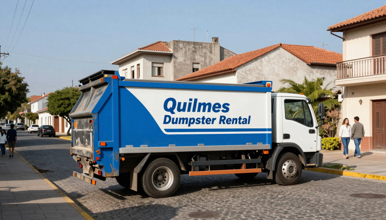 Camión de alquiler de contenedores de basura Blue Quilmes en una calle empedrada en un barrio residencial.