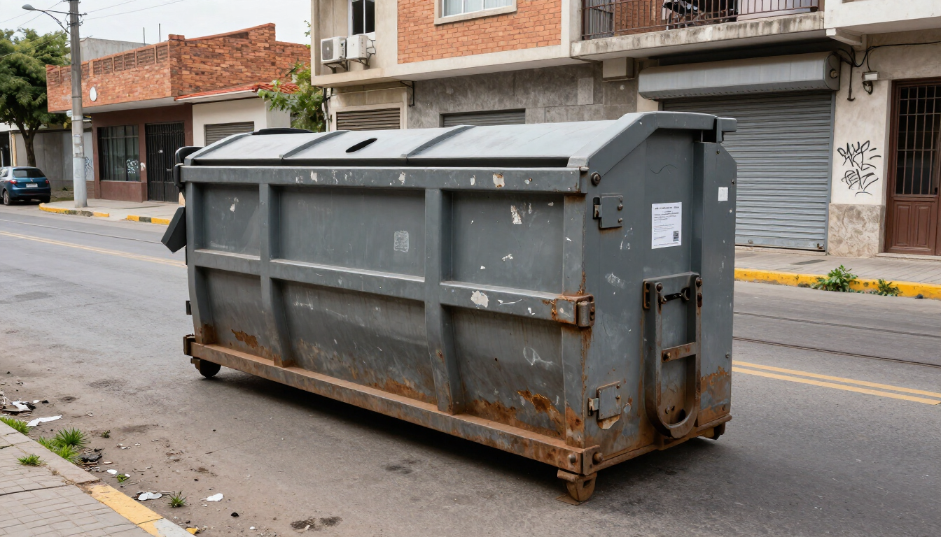 Un gran contenedor de basura gris con la base oxidada se encuentra en una calle de la ciudad, junto a edificios estacionados.