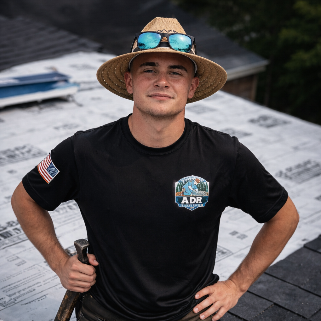 Man in straw hat and black shirt standing on a roof, holding a tool with hands on hips.