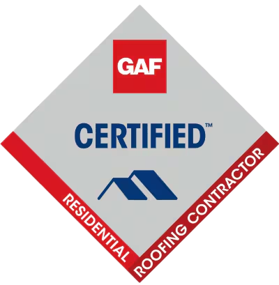 GAF Certified Residential Roofing Contractor badge in red, blue, and gray diamond logo
