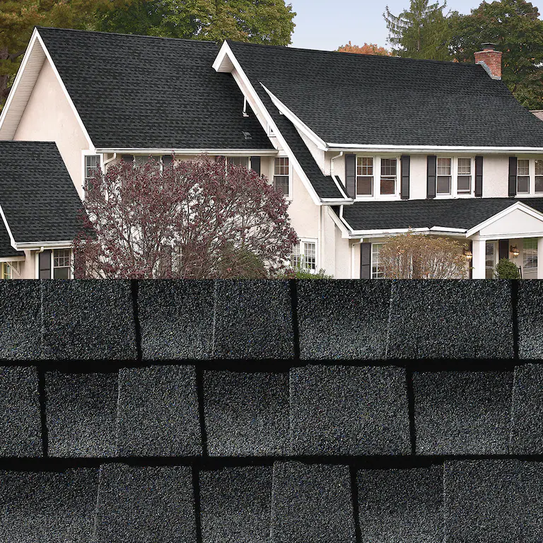 Suburban house with dark roof behind a black stone wall and a blooming tree