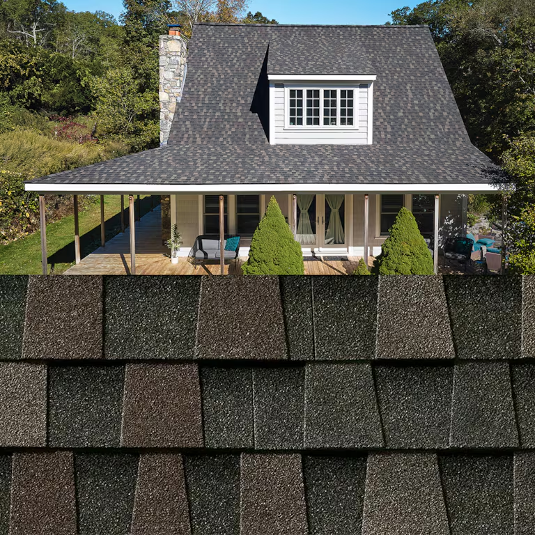House with dark gray shingled roof and dormer, shown above a close-up of matching roof shingles.
