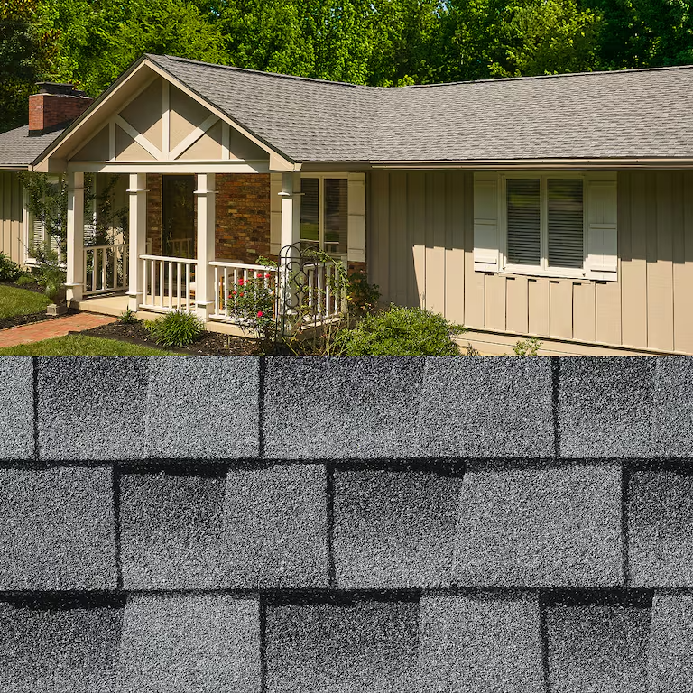 House with beige siding and gray shingle roof, shown above a close-up of gray roof shingles