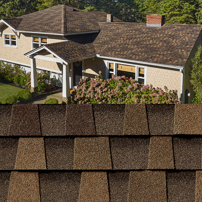 House with brown shingle roof and white trim, partly covered by pink flowering bushes.
