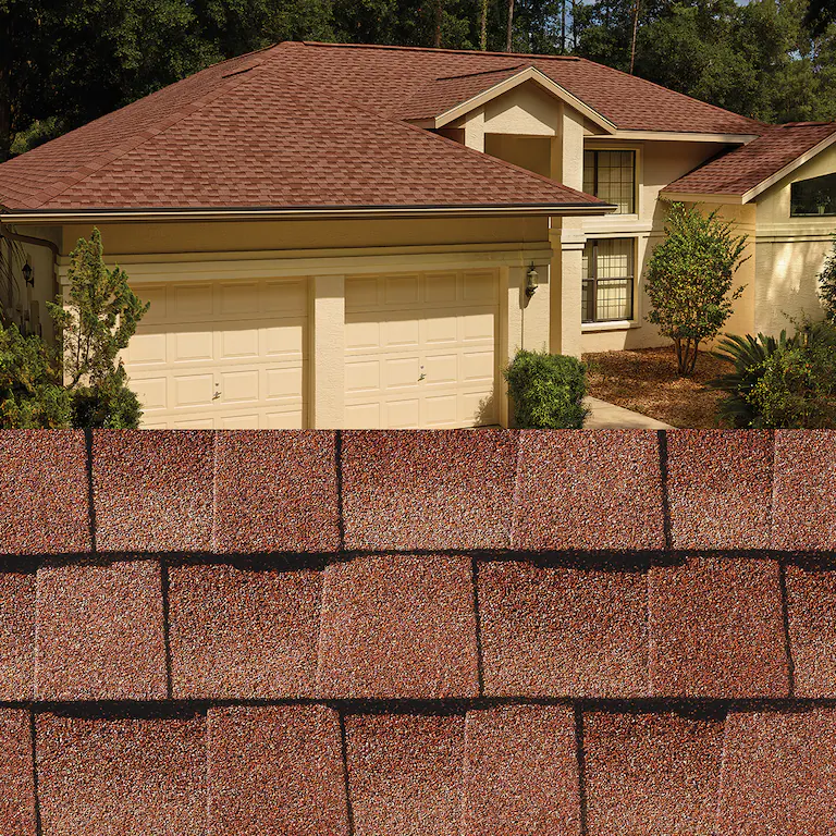 Suburban house with tan garage and red shingle roof, shown above a close-up of reddish-brown roof shingles.