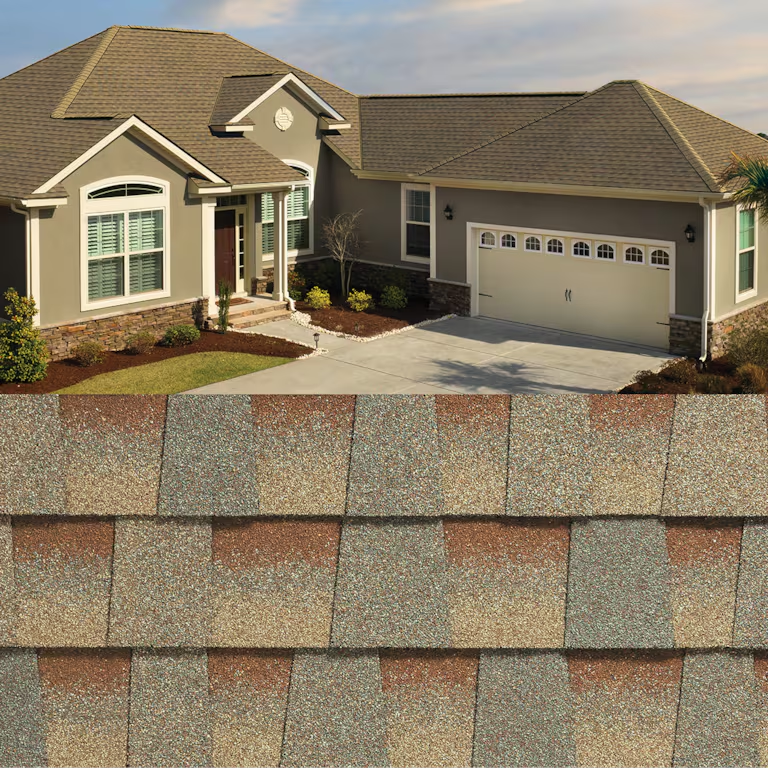 Suburban house with beige siding and gray shingle roof, shown above a close-up of matching roof shingles.