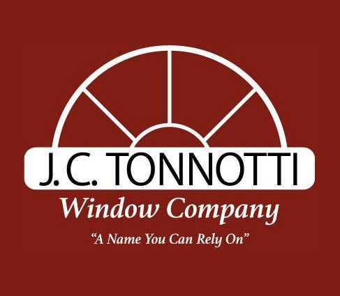 J.C. Tonnotti Window Company logo on a red background with a window graphic and slogan