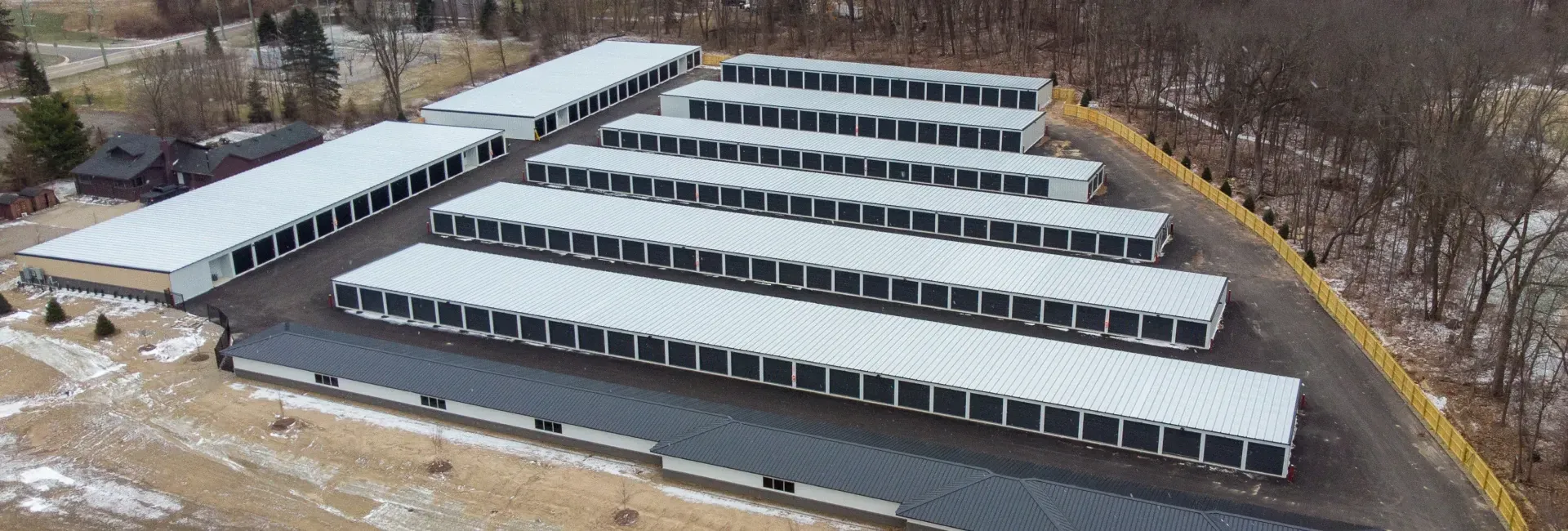 Aerial view of drive-up storage units at Clarkston Self Storage on Dixie Hwy in Clarkston MI