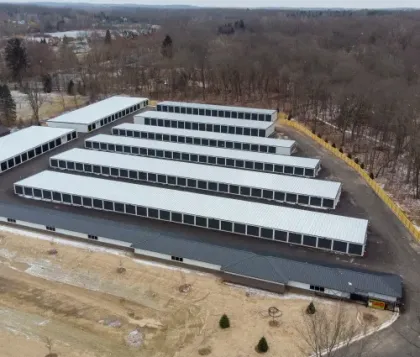 Aerial view of drive-up storage unit buildings at Clarkston Self Storage on Dixie Hwy in Clarkston, MI