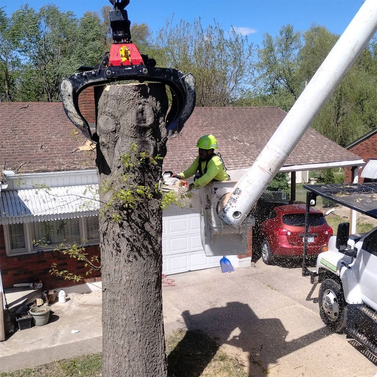A man in a crane is cutting a tree in front of a house.