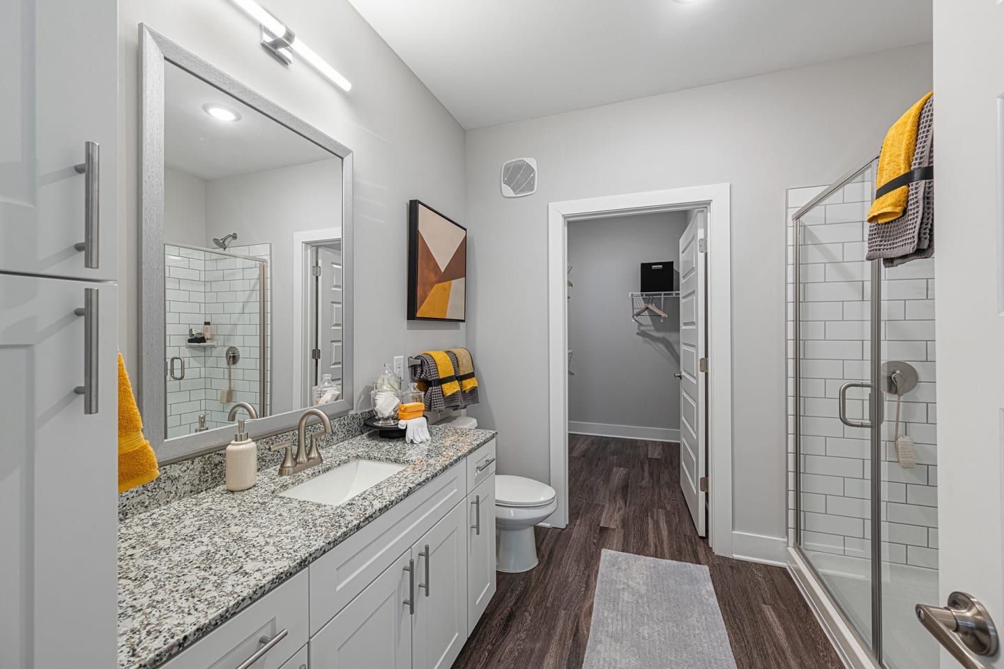 A bathroom with a sink a toilet and a walk in shower