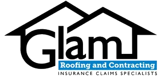 Logo for Glam Roofing and Contracting featuring a house outline above the name and "INSURANCE CLAIMS SPECIALISTS" text.