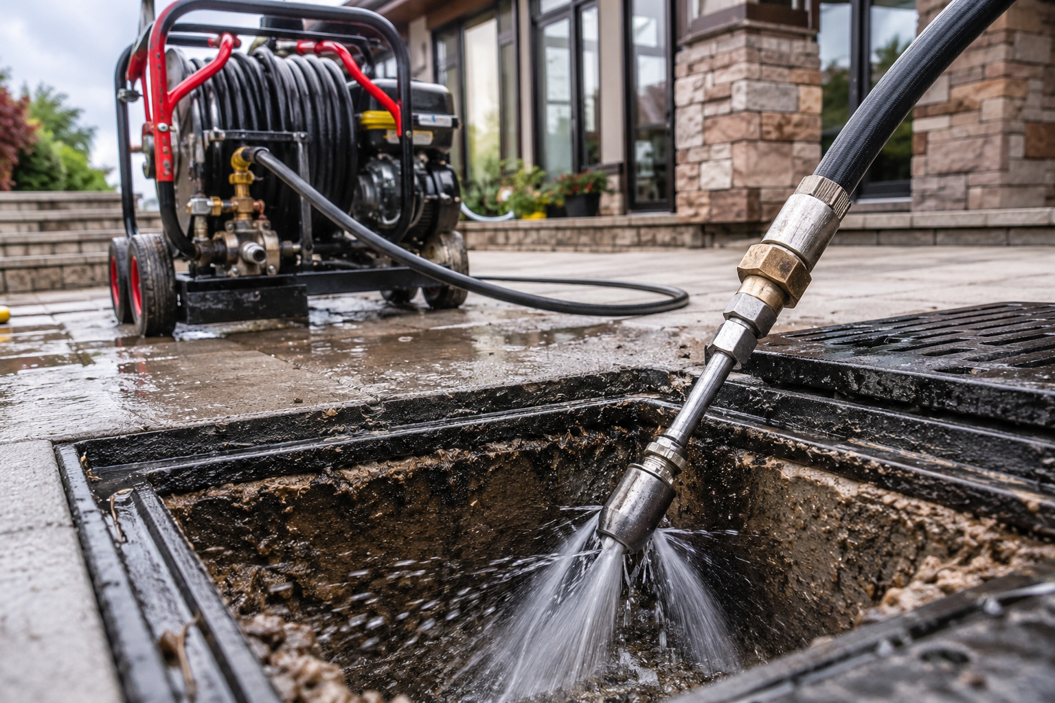 Power washer cleaning a wet stone patio and drain beside a house