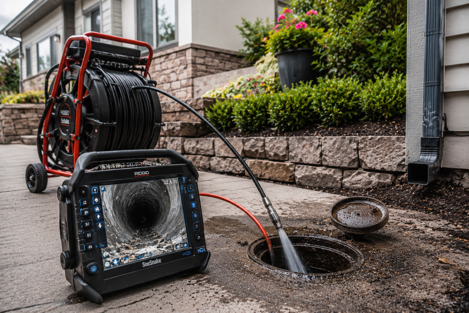 Sewer inspection camera reel on driveway beside open drain, with water flowing into a manhole near a house