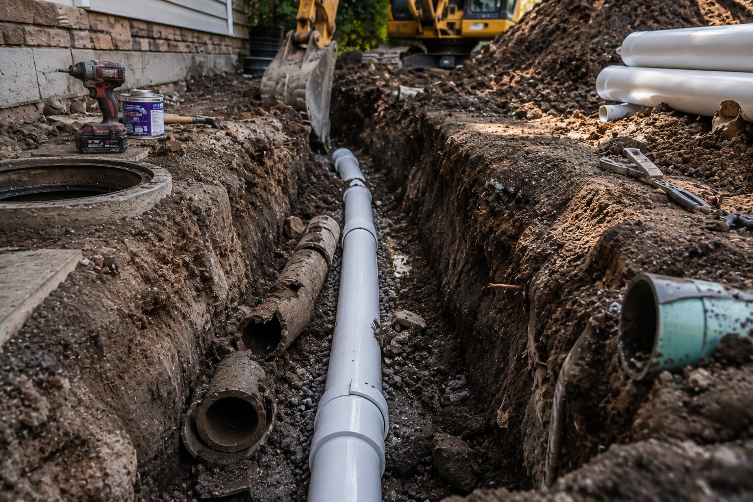 Excavation trench with gray pipe laid in the ground at a construction site
