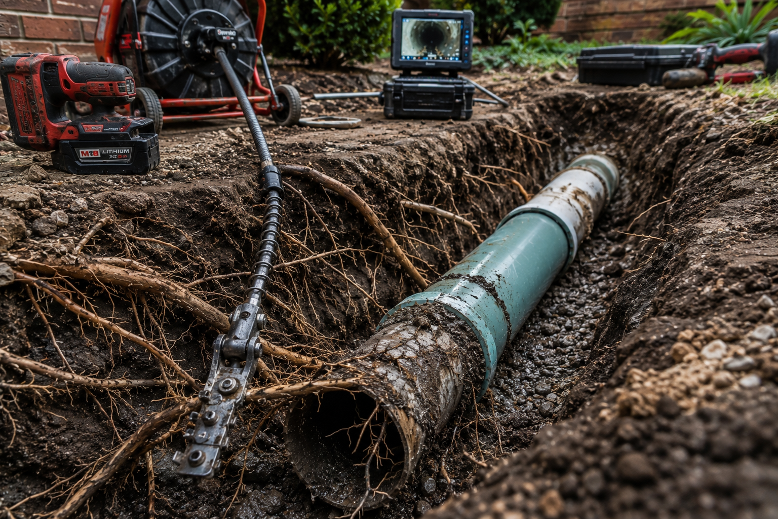 Fiber-optic cable being laid in a muddy trench with excavation equipment nearby