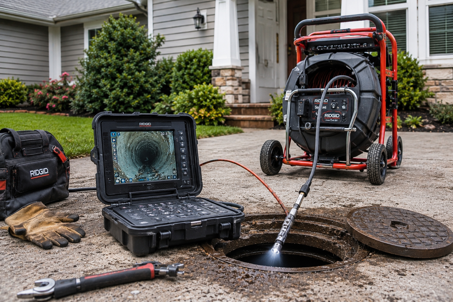 Drain cleaning machine flushing water into an open sewer manhole beside a laptop and tools on a driveway