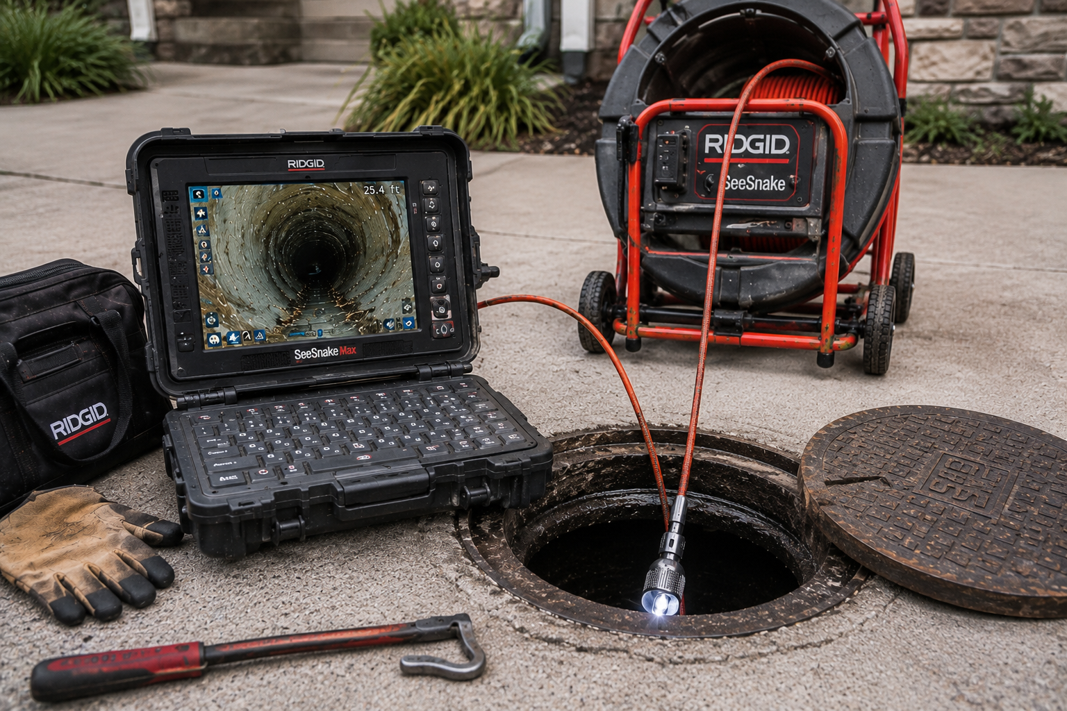 Drain inspection tools beside an open manhole, with a camera monitor, gloves, and drain snake on pavement